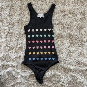Wildfox Pastel Multi Heart Scoop Neck Ribbed Bodysuit